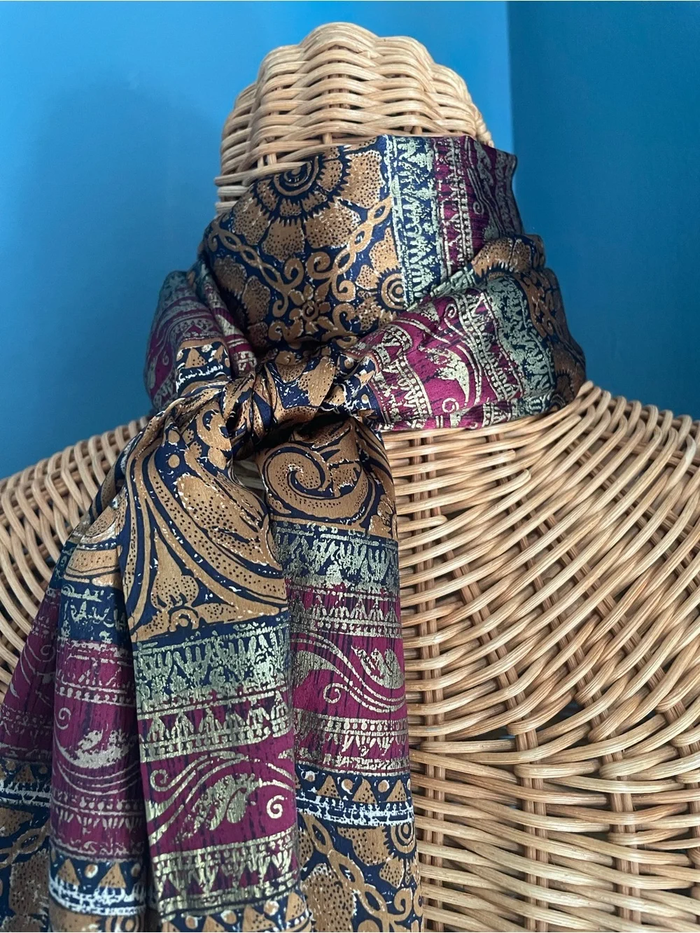 Vintage ECHO Silk Scarf Ornate Ethnic Tapestry Print Gold Burgundy Navy Blue